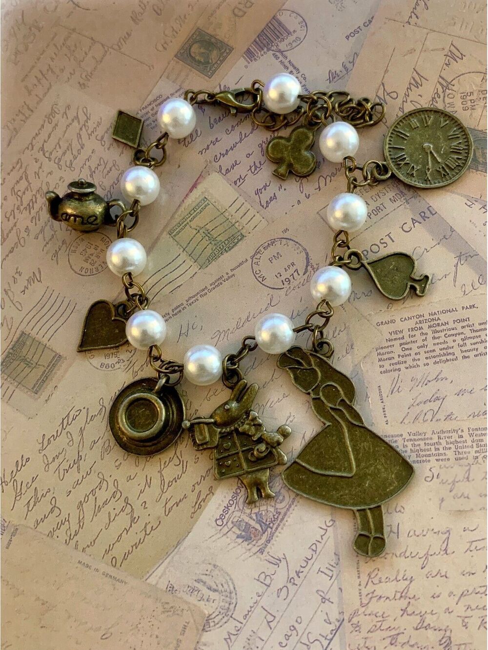 Alice in Wonderland Charm Bracelet with Pearls & Brass tone Figurines